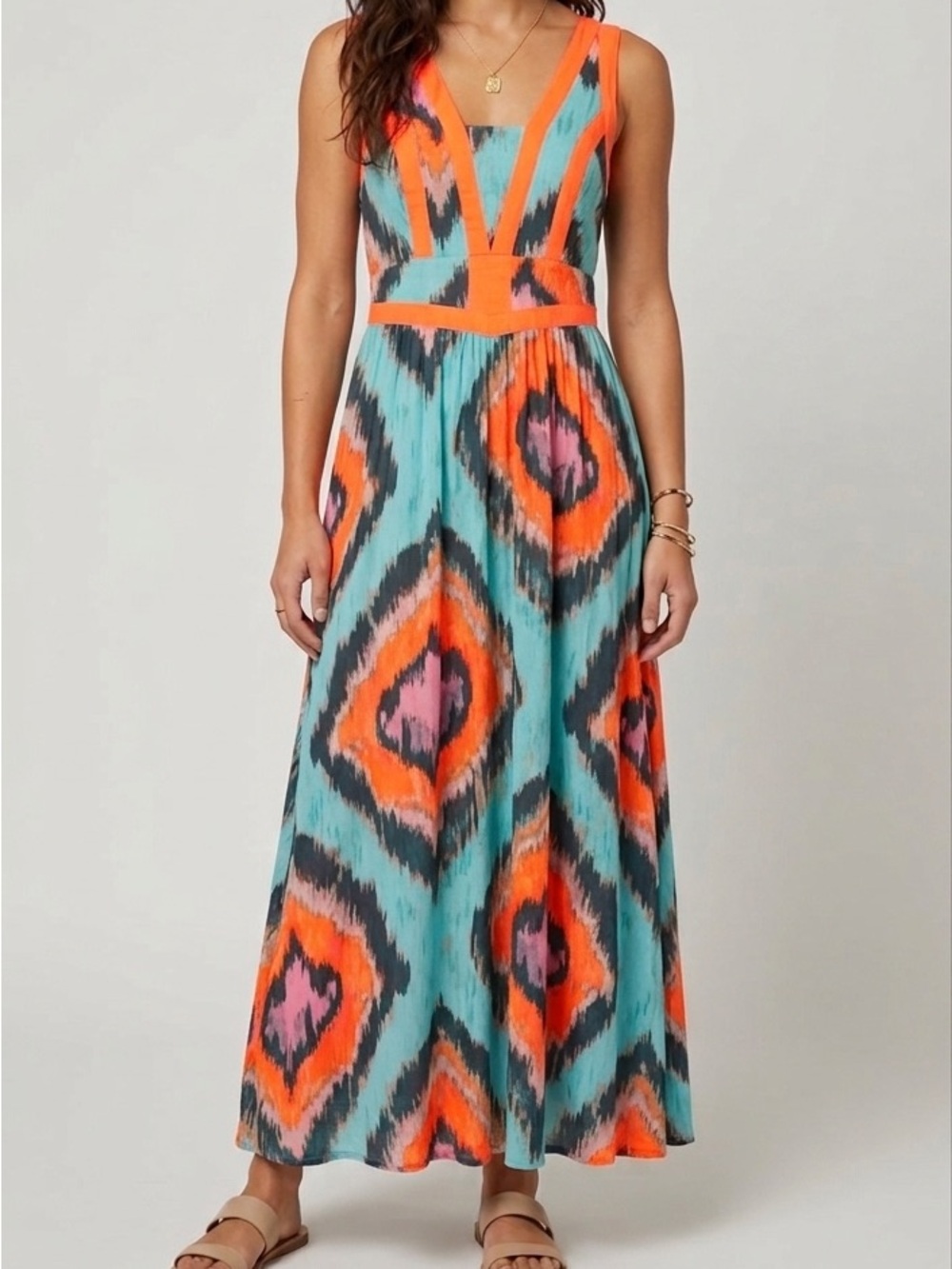 GB Maxi Dress Juniors Womens 9 Multicolor Ikat‎ Print Sleeveless Boho V Neck